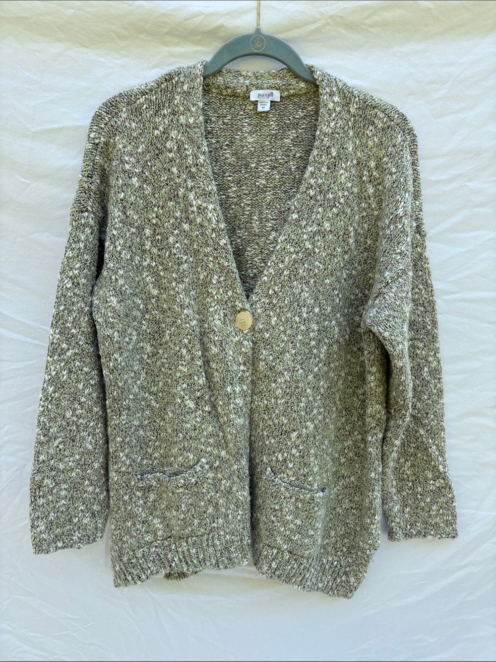 Pure Jill Marled Olive Knit Button-Front Cardigan